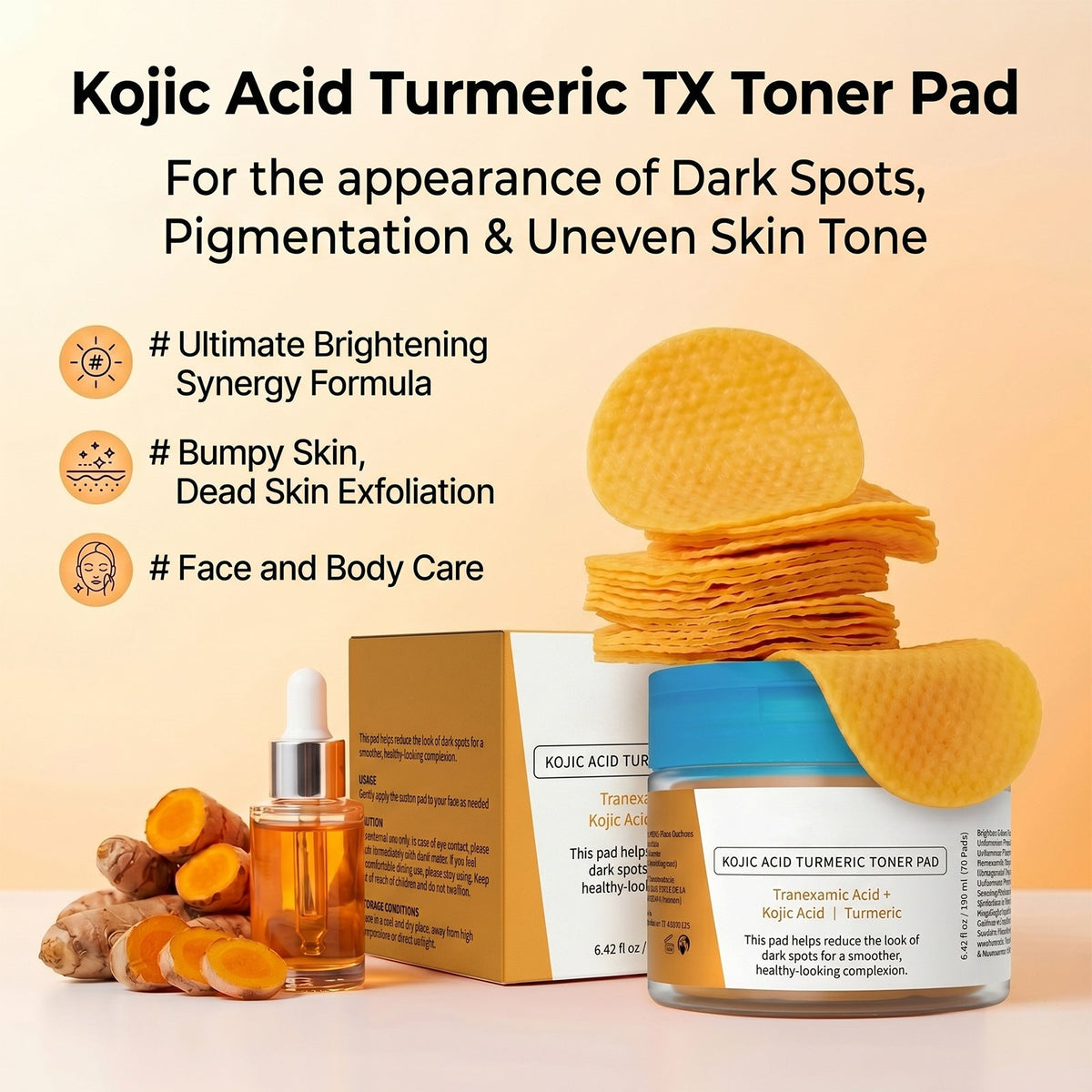 Kojic Acid Turmeric Toner Pads, Exfoliating Facial Cotton Pads