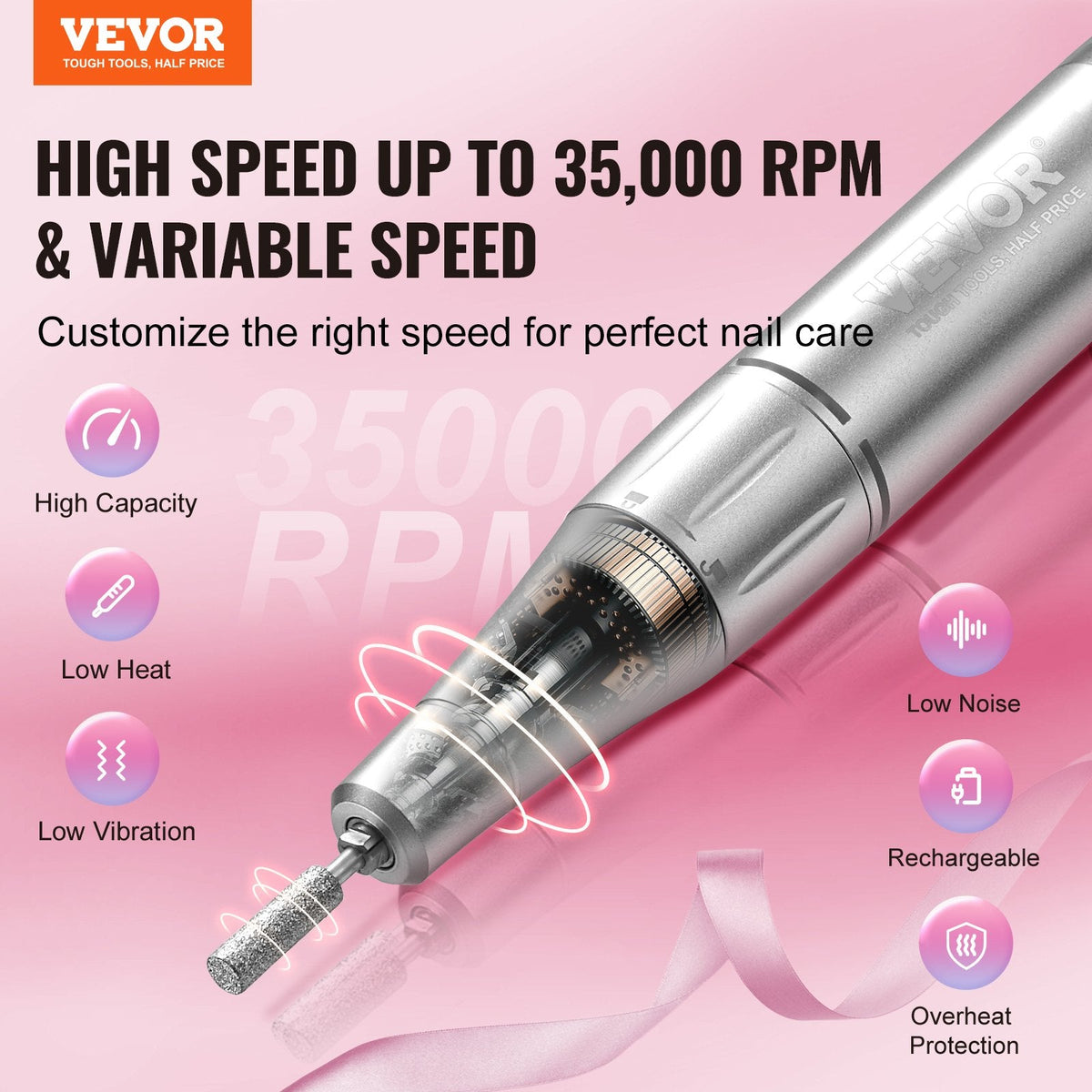 VEVOR Electric Rechargeable Nail Drill, 35,000RPM Portable Cordless Nail E File Machine, LCD-Display Acrylic Gel Grinder Tool With 6 Bits And 50PCS Sanding Bands For Manicure Pedicure Carve Polish