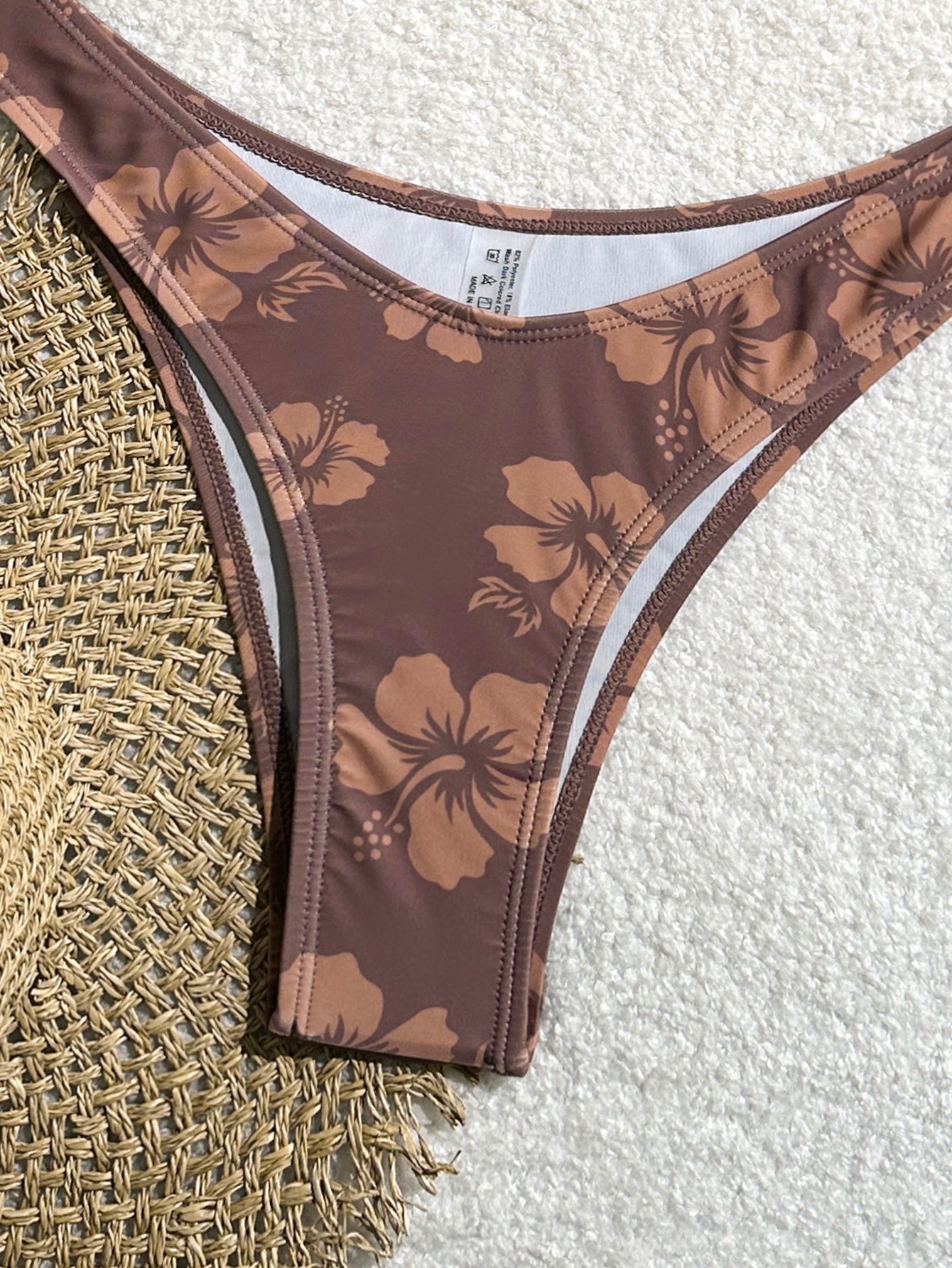 Women's Brown Hibiscus Floral Triangle Bikini Set, Tie-Side Halter Top & Cheeky Bottom, 2 Piece Tropical Swimsuit