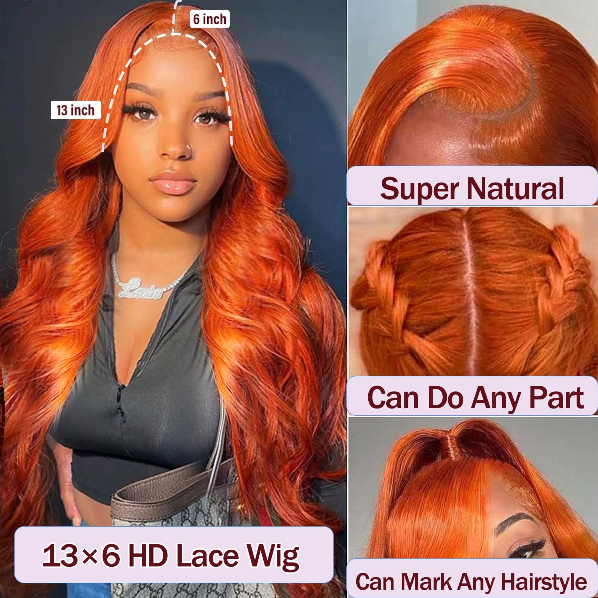 13x6 Lace Front Human Hair Wig Body Wave, Ginger Yellow, Density