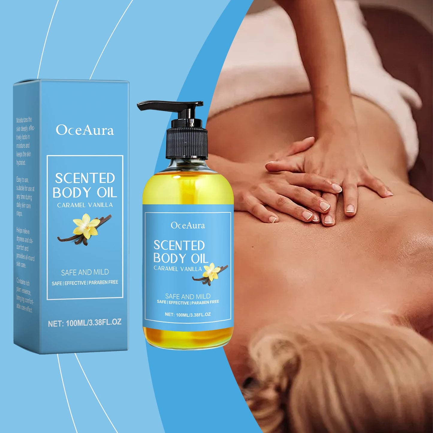 OceAura Caramel Vanilla Body Oil Hydrates Hydrating Skin Care Soothing Nourishing Skin Massage Oil