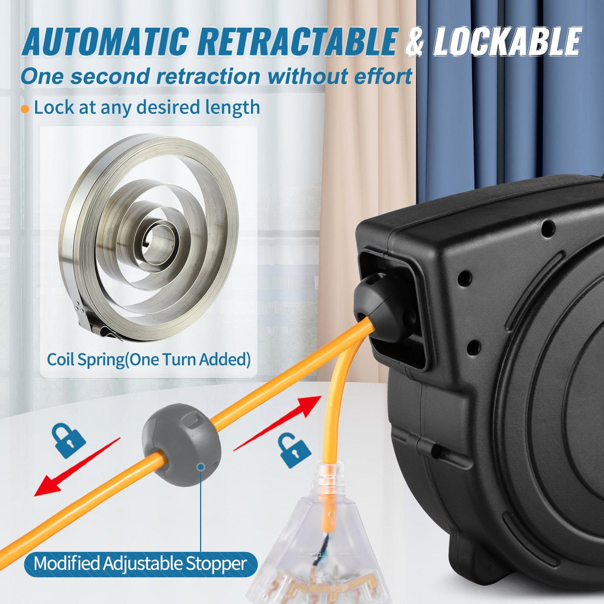 VEVOR 50ft Retractable Extension Cord Reel 14AWG 3CSJTOW Power Cord Reel