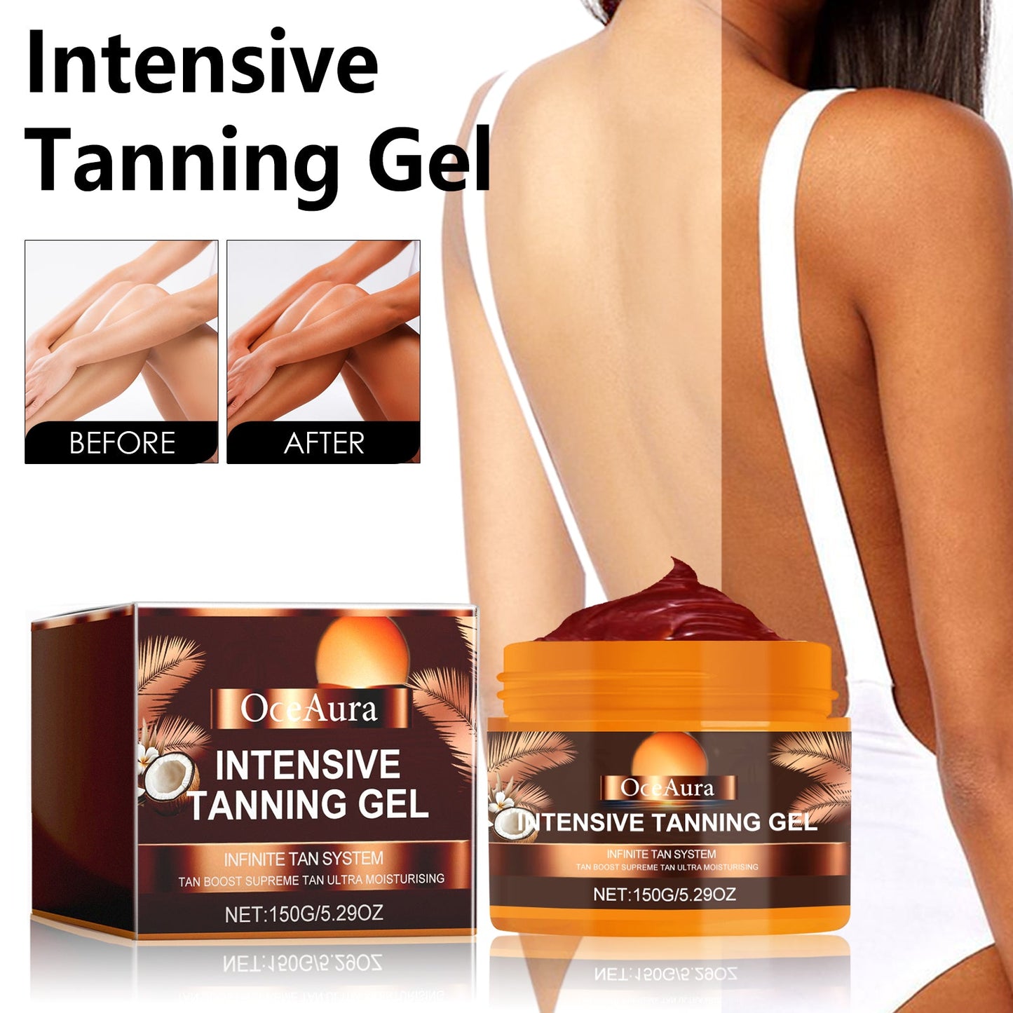 OceAura Intensive Tanning Gel, Sun Free Black Summer Beach Natural Wheat-Colored Moisturizing Body Care