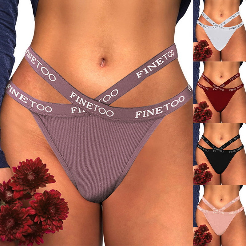 Women's Thong Sexy Cross Letter Belt Panties High Slit Threaded Cotton Briefs