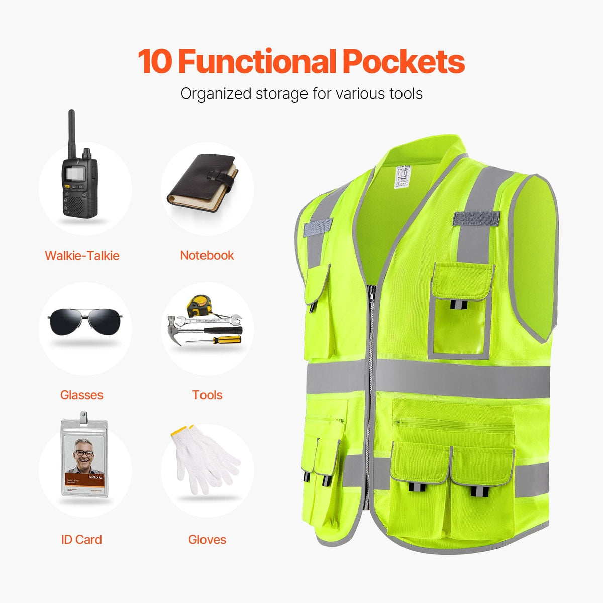 Safety Vest Reflective Yellow Work Vest With 10 Pockets For Men & Women