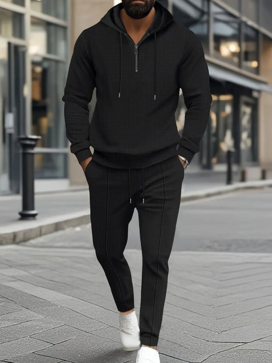Men's Full Size Waffle-Knit Half Zipper Hoodie and Pants Set Plus Size