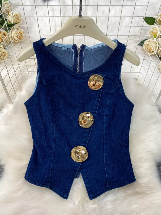 Button Detail Vest and Flare Jeans Denim Set