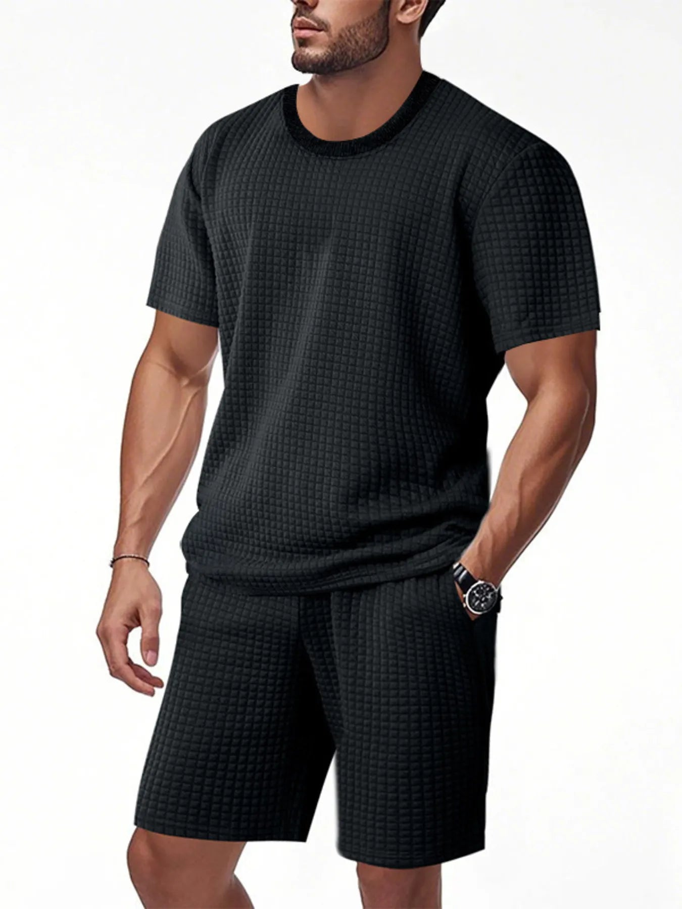 Men's Full Size Textured Round Neck Top and Shorts Set Plus SIze