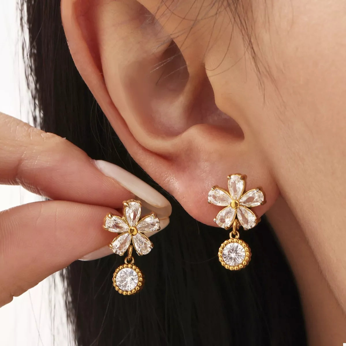 18K Gold-Plated Stainless Steel Zircon Flower Drop Earrings