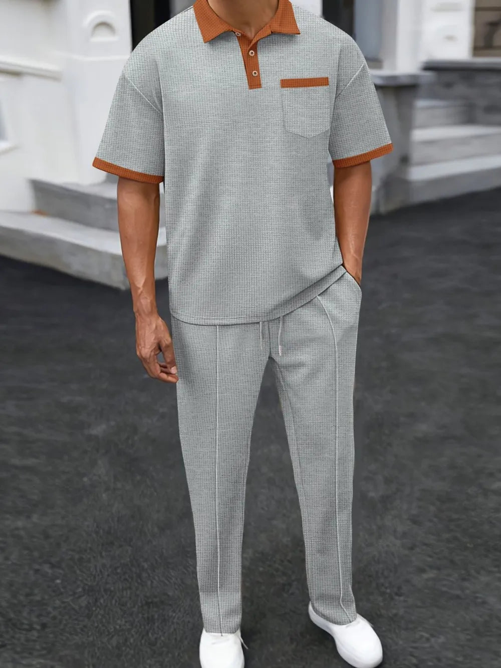 Men's Full Size Waffle-Knit Contrast Polo and Pants Set Plus Size