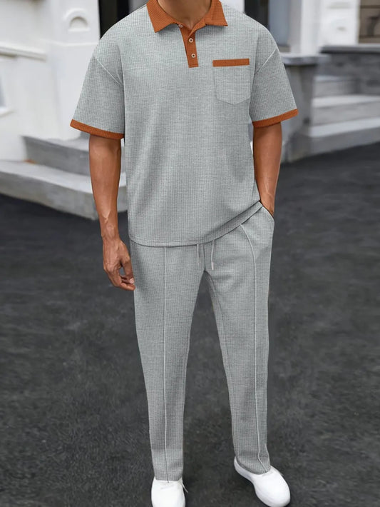 Men's Full Size Waffle-Knit Contrast Polo and Pants Set Plus Size