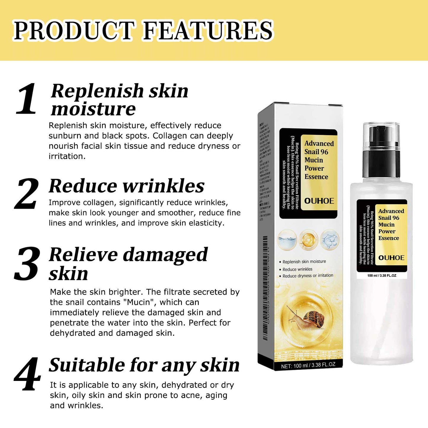 OUHOE Snail 96 Collagen Power Essence, Repair Skin Barrier Moisturizing And Fading Dark Spots Snail Essence