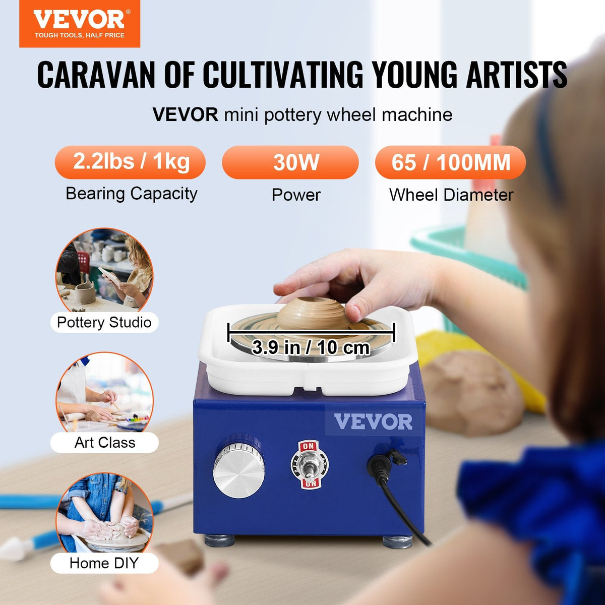 VEVOR Mini Pottery Wheel, For Kids Or Beginners, 2 Turntables 2.6in 3.9in Ceramic Wheel Machine, Adjustable 0-300RPM Speed ABS Detachable Basin, 17 Pottery Accessories, Work Art Craft DIY, 30W, Blue