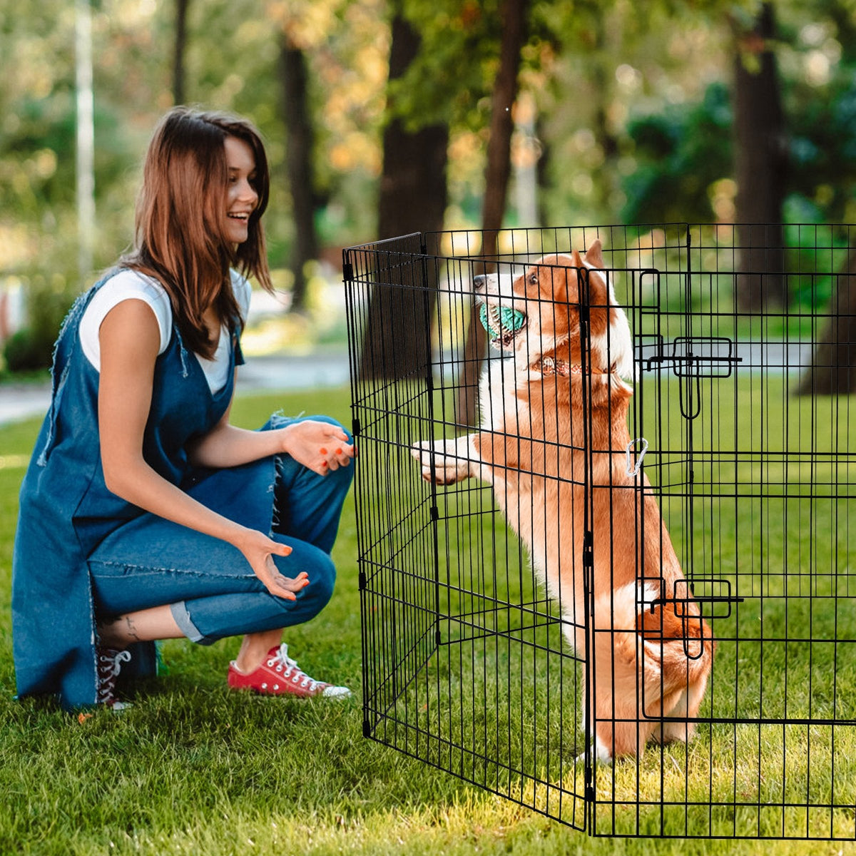Dog Playpen 8 Panels Foldable Metal Dog Exercise Pen With Pad Cover 30"H