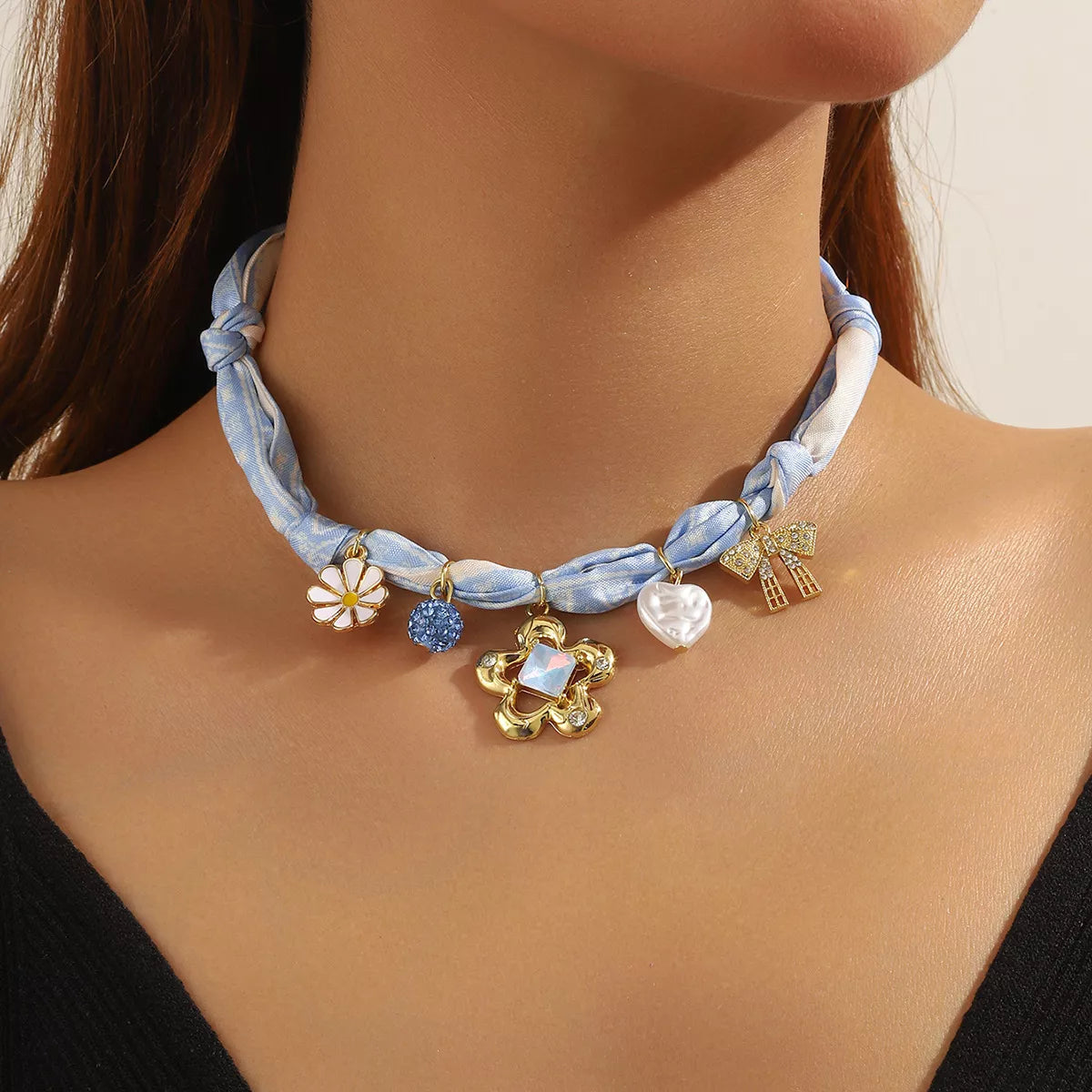 Ribbon Flower Charm Necklace