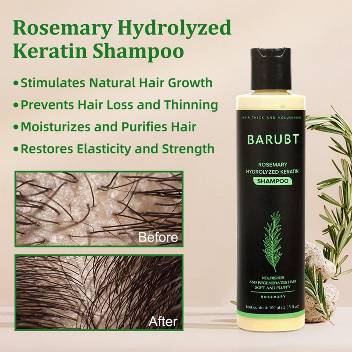 Rosemary Hydrolyzed Keratin Shampoo, Sulfate-Free, Cruelty-Free For Smooth & Shiny Hair