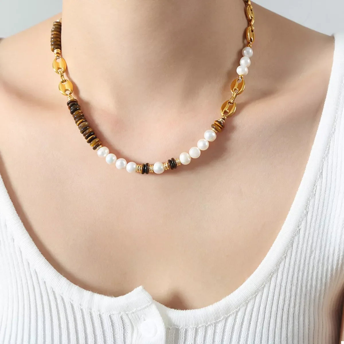 Tiger's Eye Freshwater Pearl 18K Gold-Plated Bead Necklace
