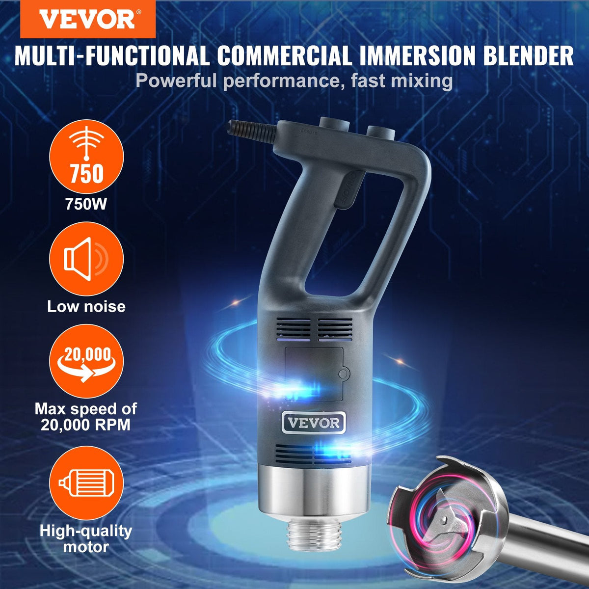 VEVOR Commercial Immersion Blender, 750W 16Heavy Duty Hand Mixer, Variable Speed Kitchen Stick Mixer With 304 Stainless Steel Blade, Multi-Purpose Portable Mixer For Soup, Smoothie, Puree, Baby Food