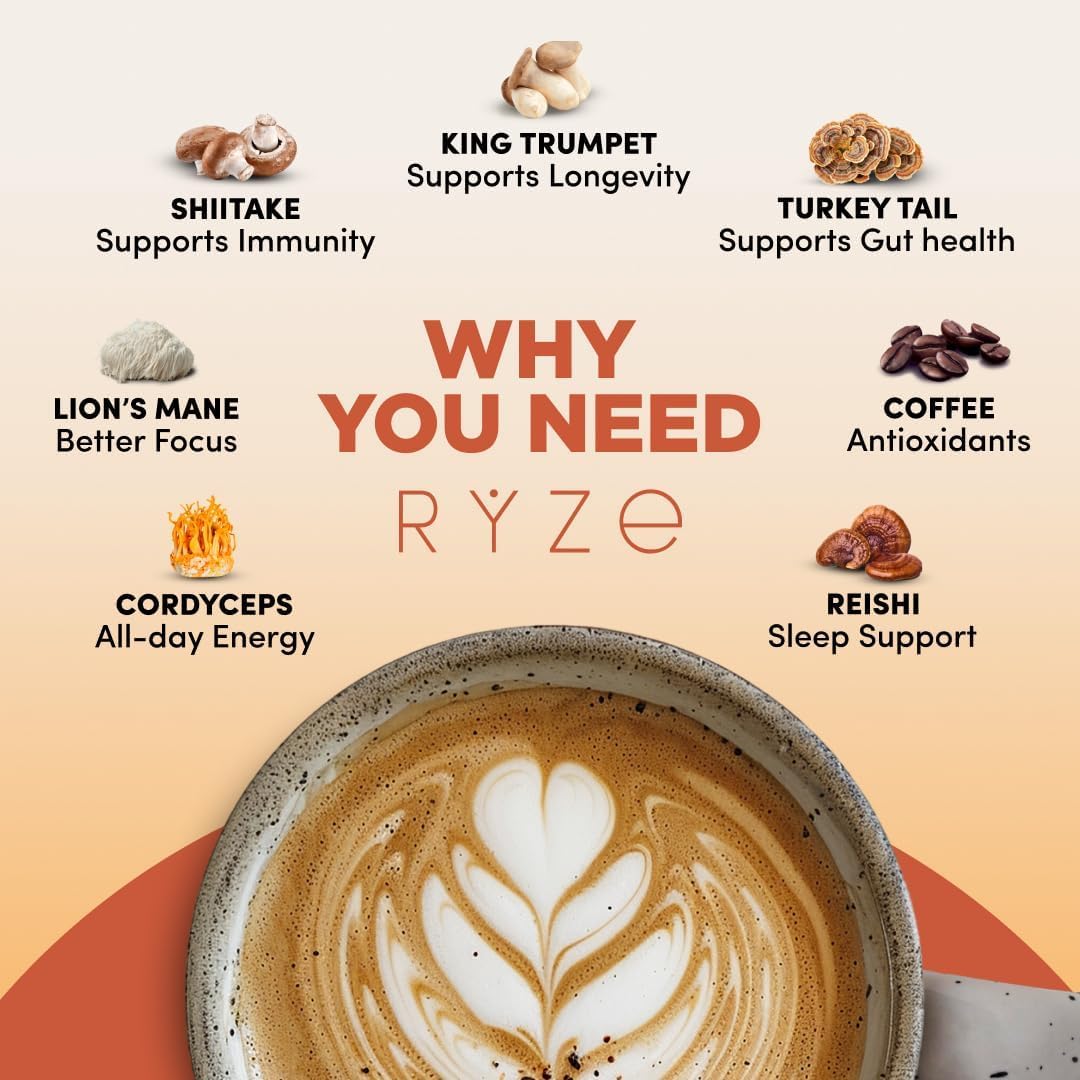 RYZE SUPERFOODS Mushroom Medium Roast Coffee Starter Kit, USDA Organic Instant Coffee with 6 Adaptogenic Mushrooms and for Energy, Focus, Digestion, Immunity with Lions Mane & Turkey Tail 30 Serving