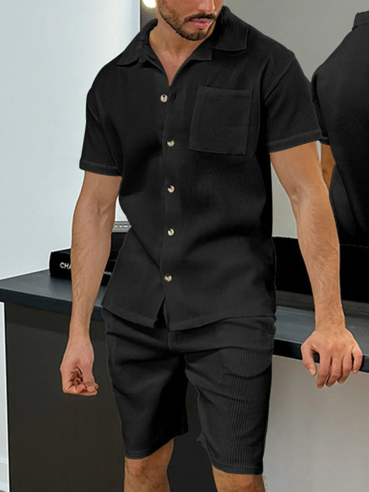 Men's Full Size Button Up Top and Shorts Set Plus Size