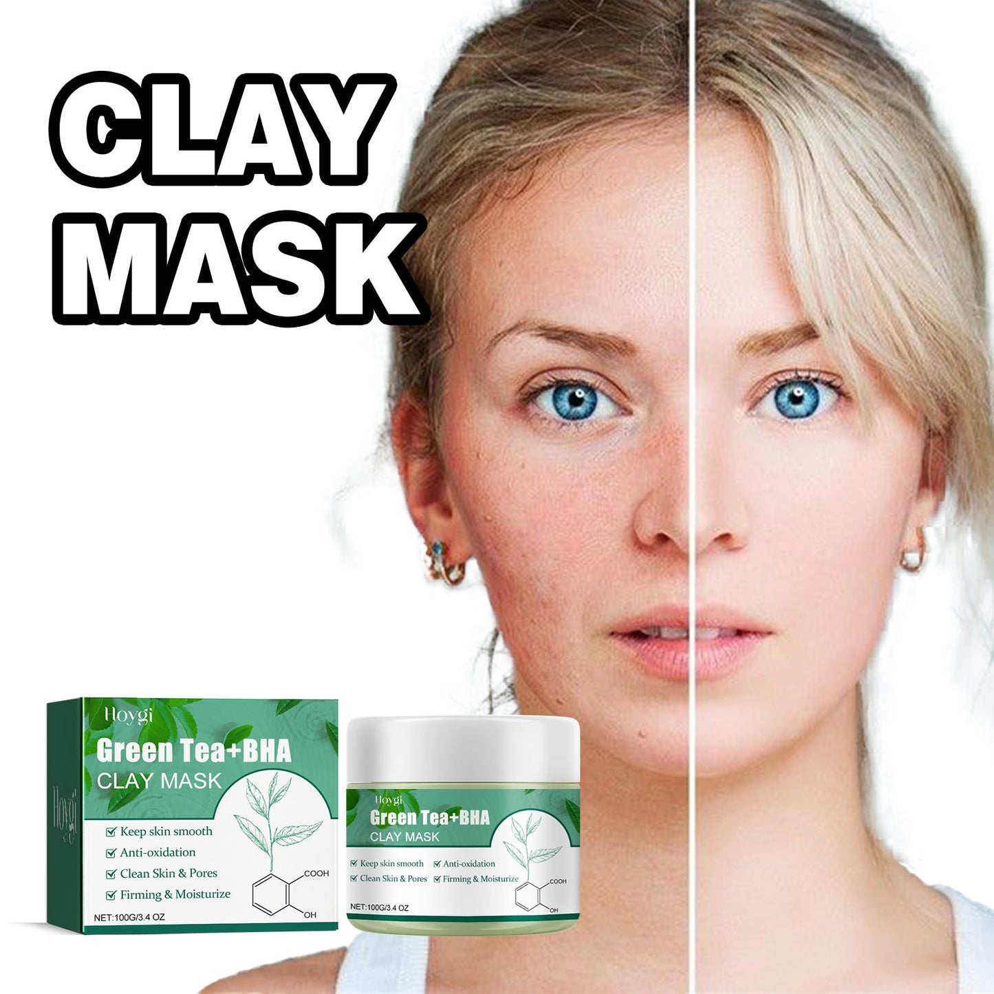 Hoygi Green Tea Cleansing Mud Mask, Facial Cleansing Moisturizing Whitening Skin Blackhead Acne Removing Mud Mask