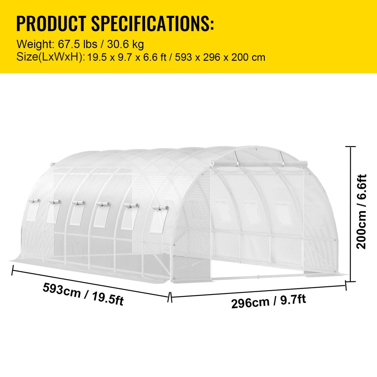 VEVOR Walk-in Tunnel Greenhouse, 20 X 10 X 7 Ft Portable Plant Hot House W Galvanized Steel Hoops, 3 Top Beams, Diagonal Poles, 2 Zippered Doors & 12 Roll-up Windows, White