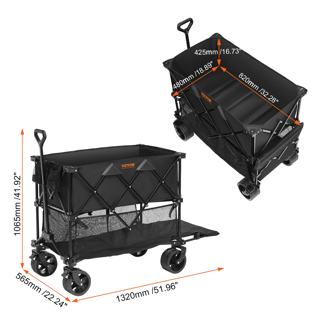VEVOR Foldable Double Decker Wagon, 400L Collapsible Wagon Cart With All-Terrain Wheels, Heavy Duty Folding Wagon Cart 450 Lbs Weight Capacity For Camping, Shopping, Garden,