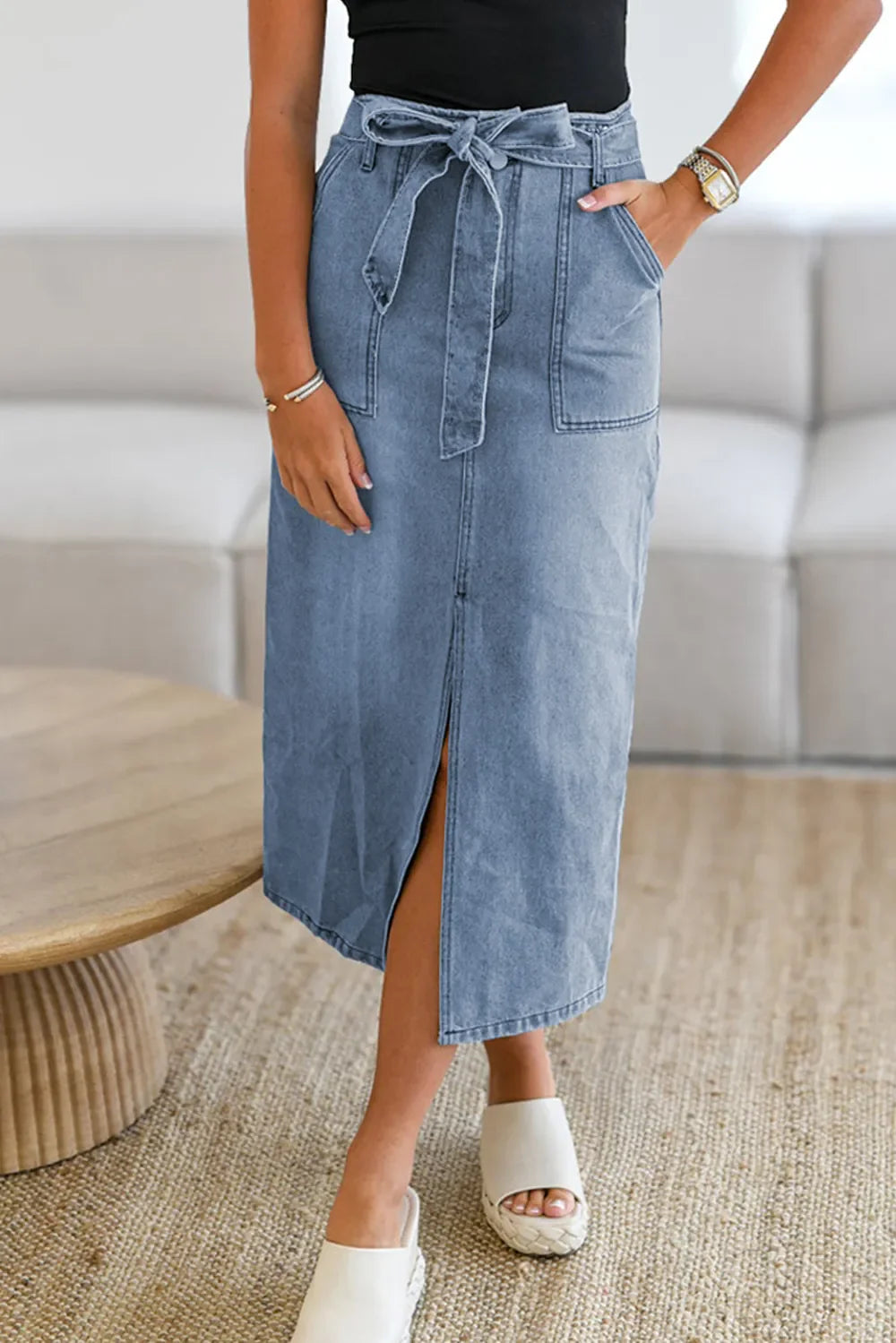 Tied Slit Denim Skirt