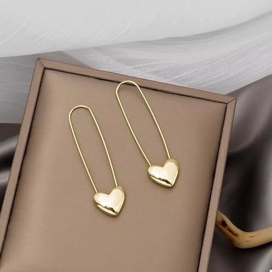 18K Gold-Plated Heart Charm Safety Pin Earrings