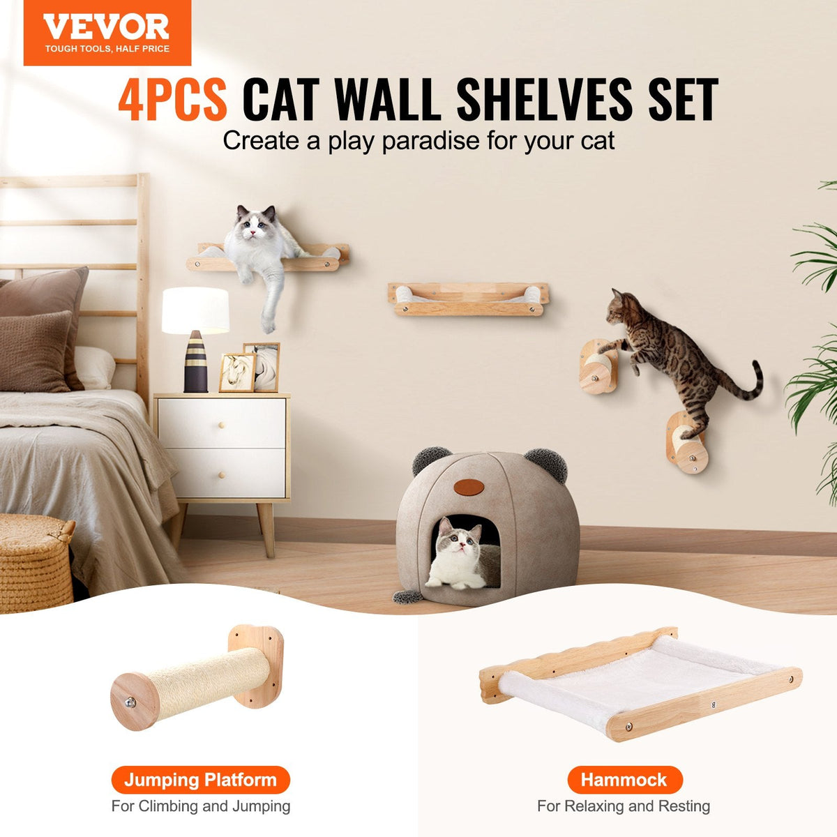 VEVOR Wall Mounted Cat Shelves With 2 Jumping Posts & 2 Hammocks Up To 40 Lbs