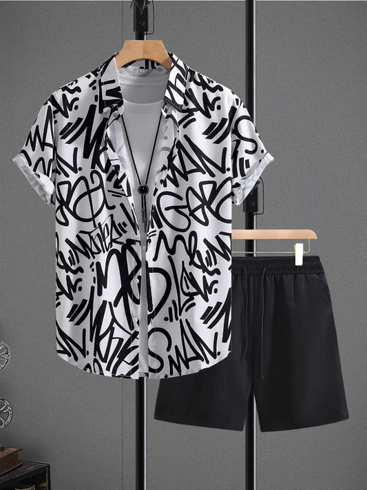 Men's Letter Print Shirt and Shots Set