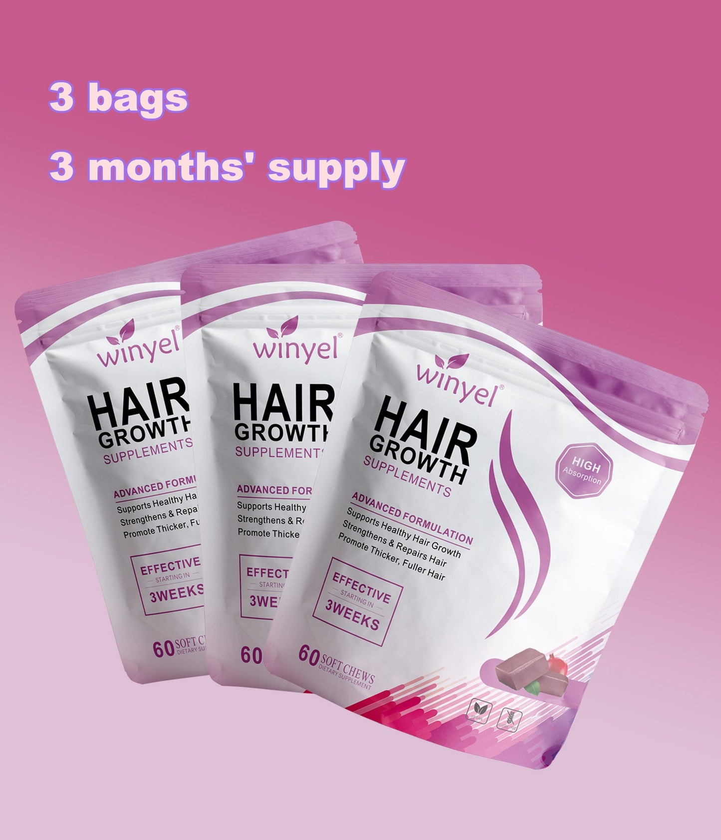 WINYEL Hair Growth Soft Chewables, Containing Hair Growth Vitamins For Men And Women, Biotin, To Help Create Thicker, Fuller, And Stronger Hair, Mixed Berries, 60 Soft Chewables.