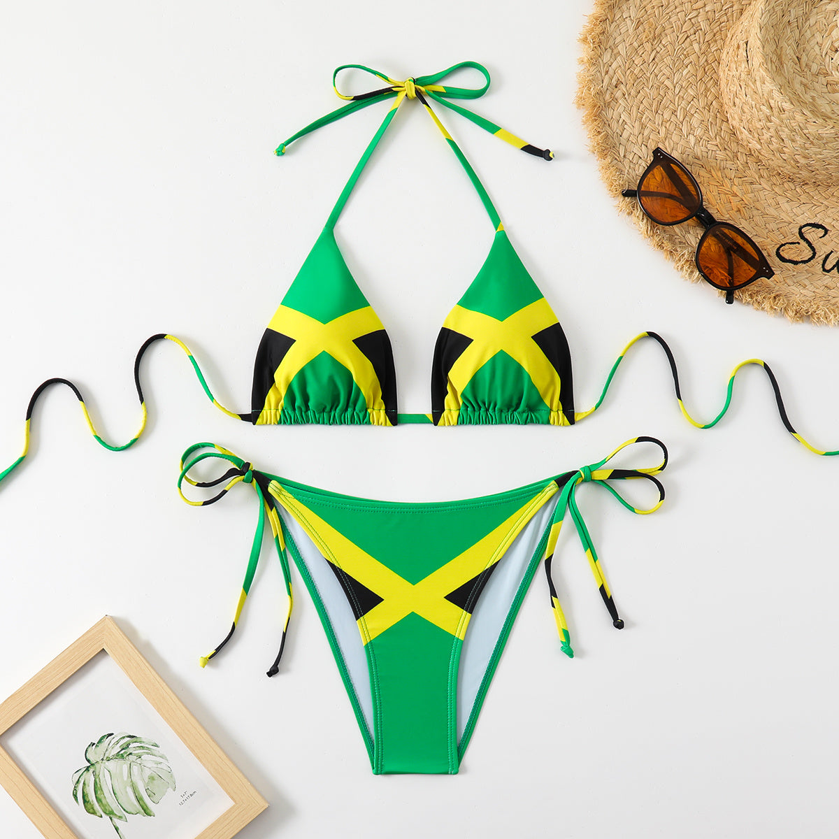 Women's Jamaica Flag Print Triangle Bikini Set, Halter Tie Top & Side Tie High Cut Bottom, 2 Piece Caribbean Swimsui