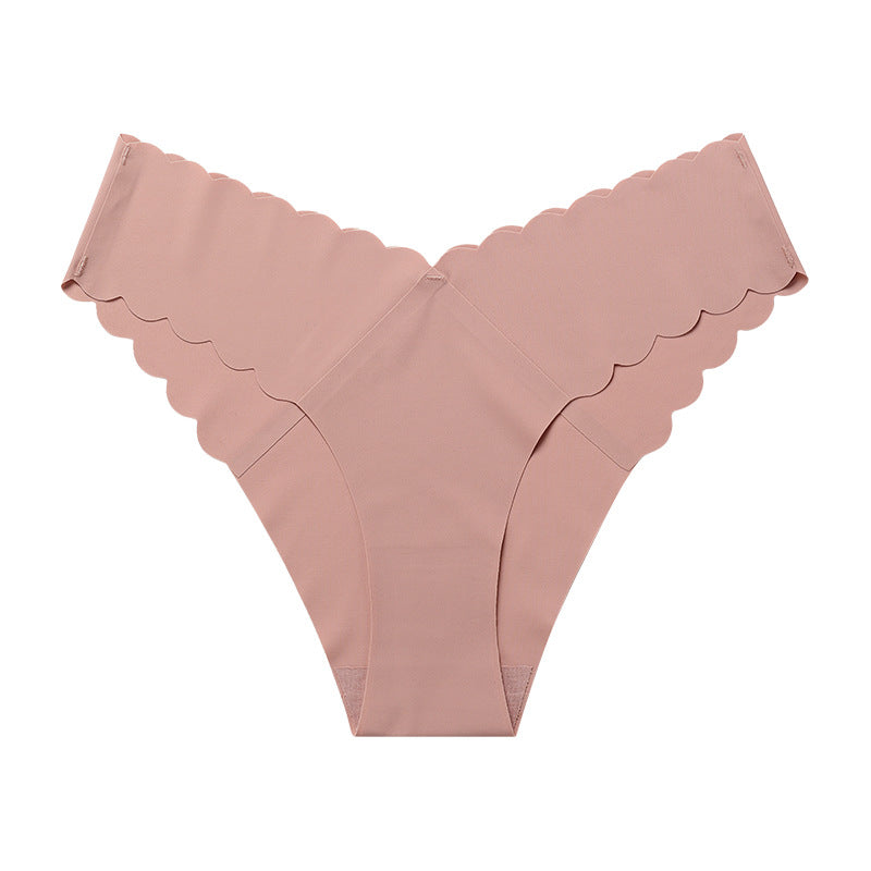 Wavy Lace V-shaped Waist Seamless Ice Silk Girl's Underwear One-piece Large Size Pure Cotton Crotch Women's Briefs