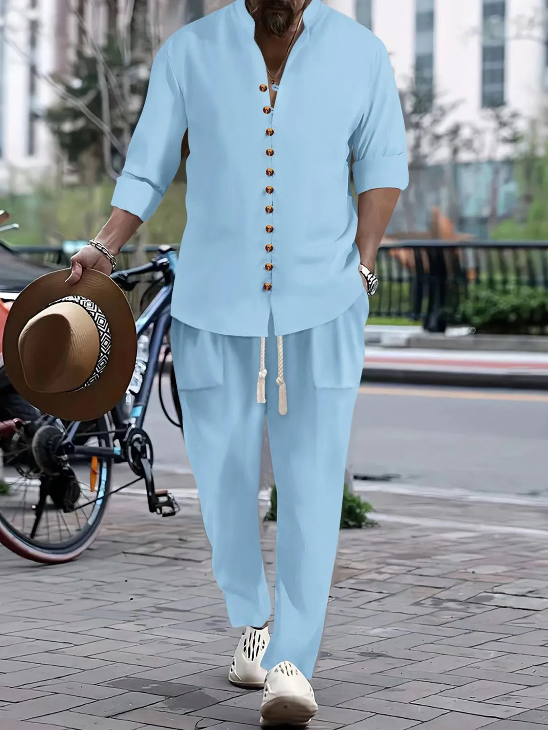 Men's Button Front Long Sleeve Shirt and Pants Set
