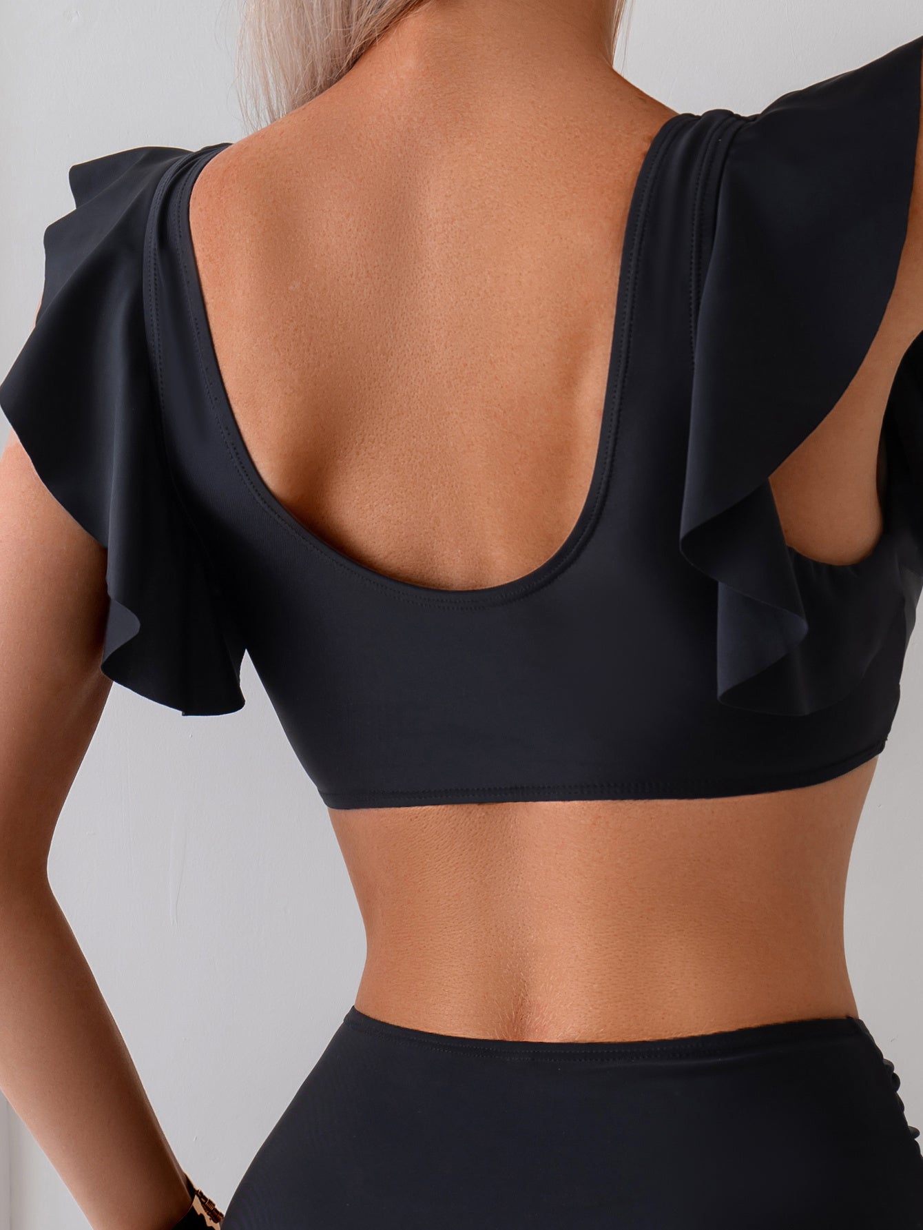 Women's Black Ruffle Sleeve Bikini Set, Plunge V-Neck Top & Ruched High Waist Bottom, 2 Piece Elegant Swimsuit