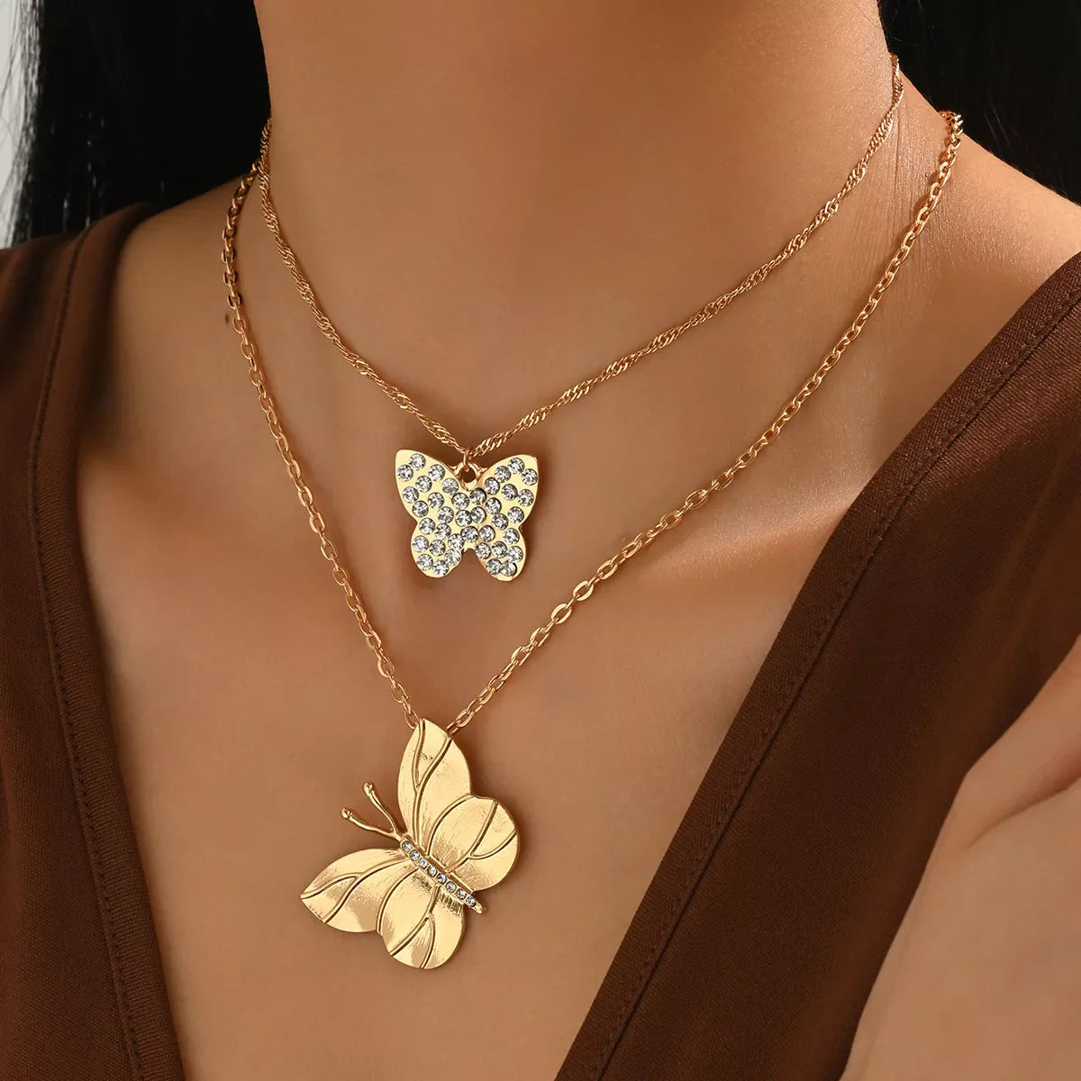 2 Piece 18K Gold-Plated Rhinestone Butterfly Necklace