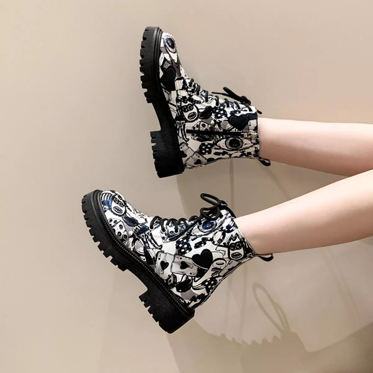 Graffiti Print Combat Boots with Colorful Street Art Design