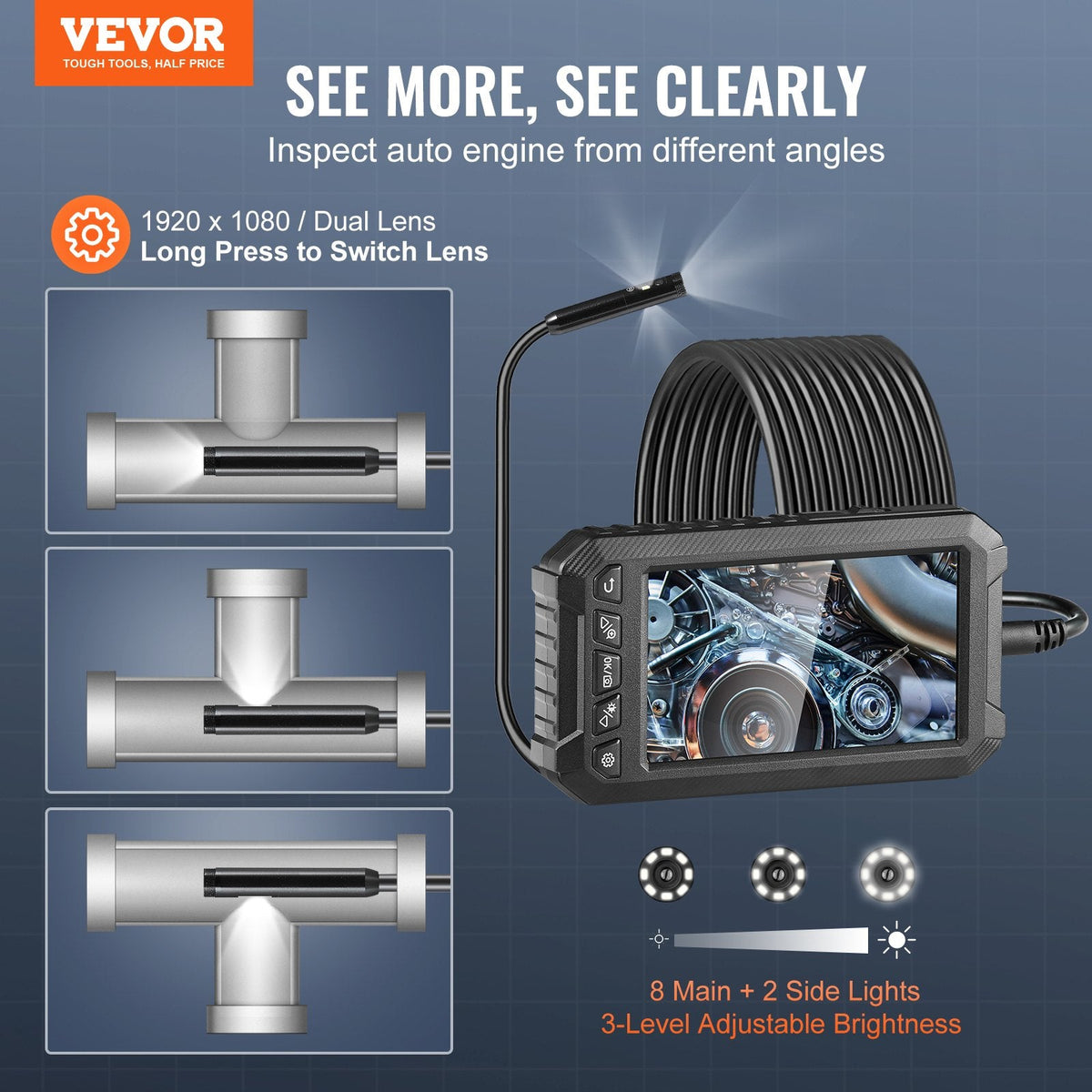 VEVOR Endoscope Camera With Lights Triple Lens Borescope 16.4FT Cable  Screen