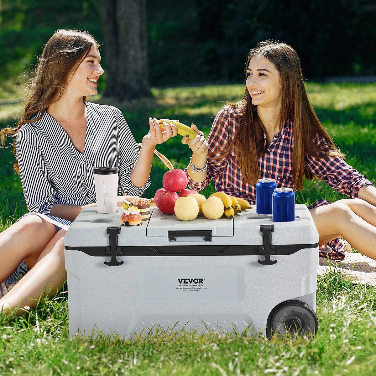 Portable Cooler 74 QT Insulated Wheeled Cooler 120 Can Capacity With Cup Holder