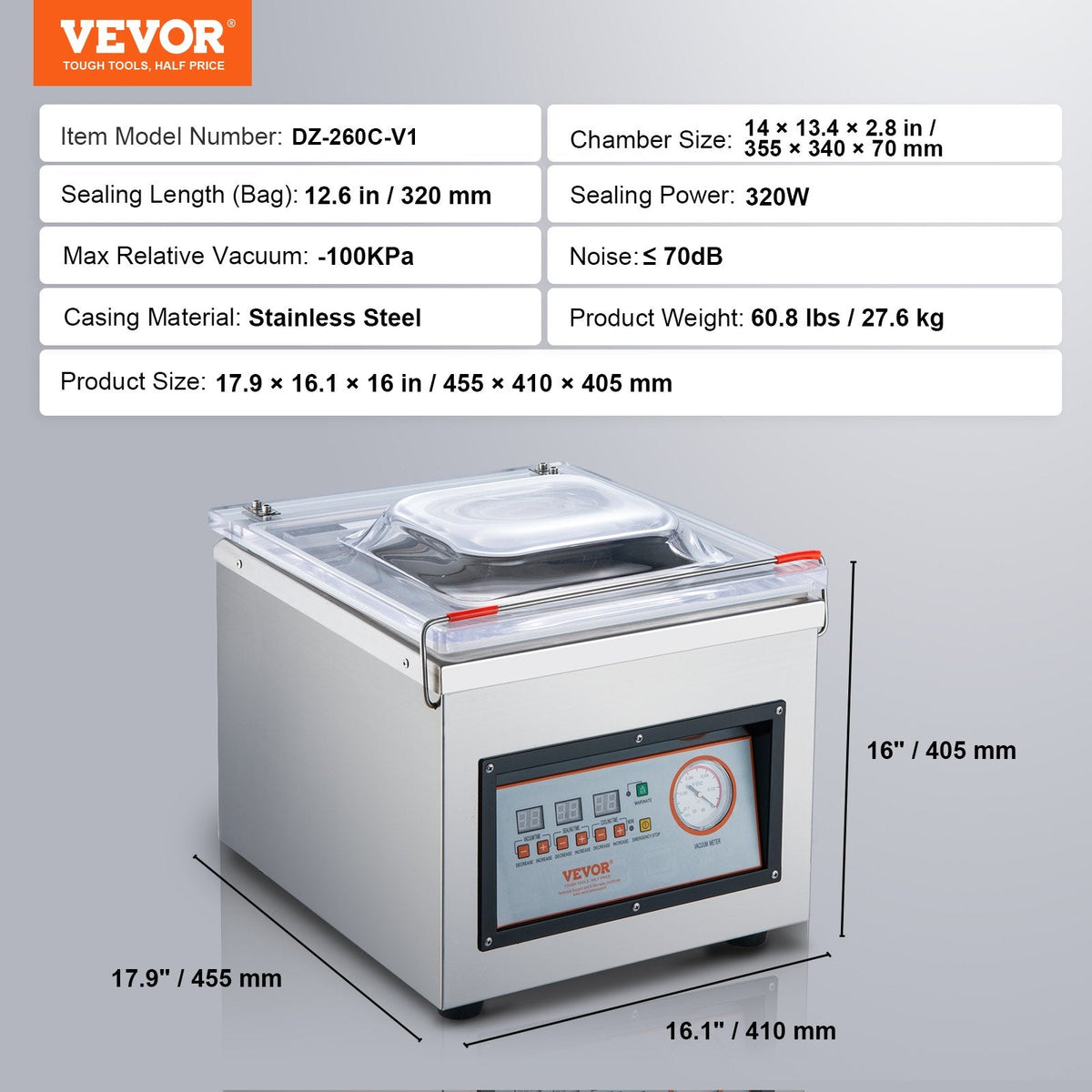 VEVOR Chamber Vacuum Sealer DZ-260C Kitchen Food Chamber Vacuum Sealer, 110V Packaging Machine Sealer For Food Saver, Home, Commercial Using