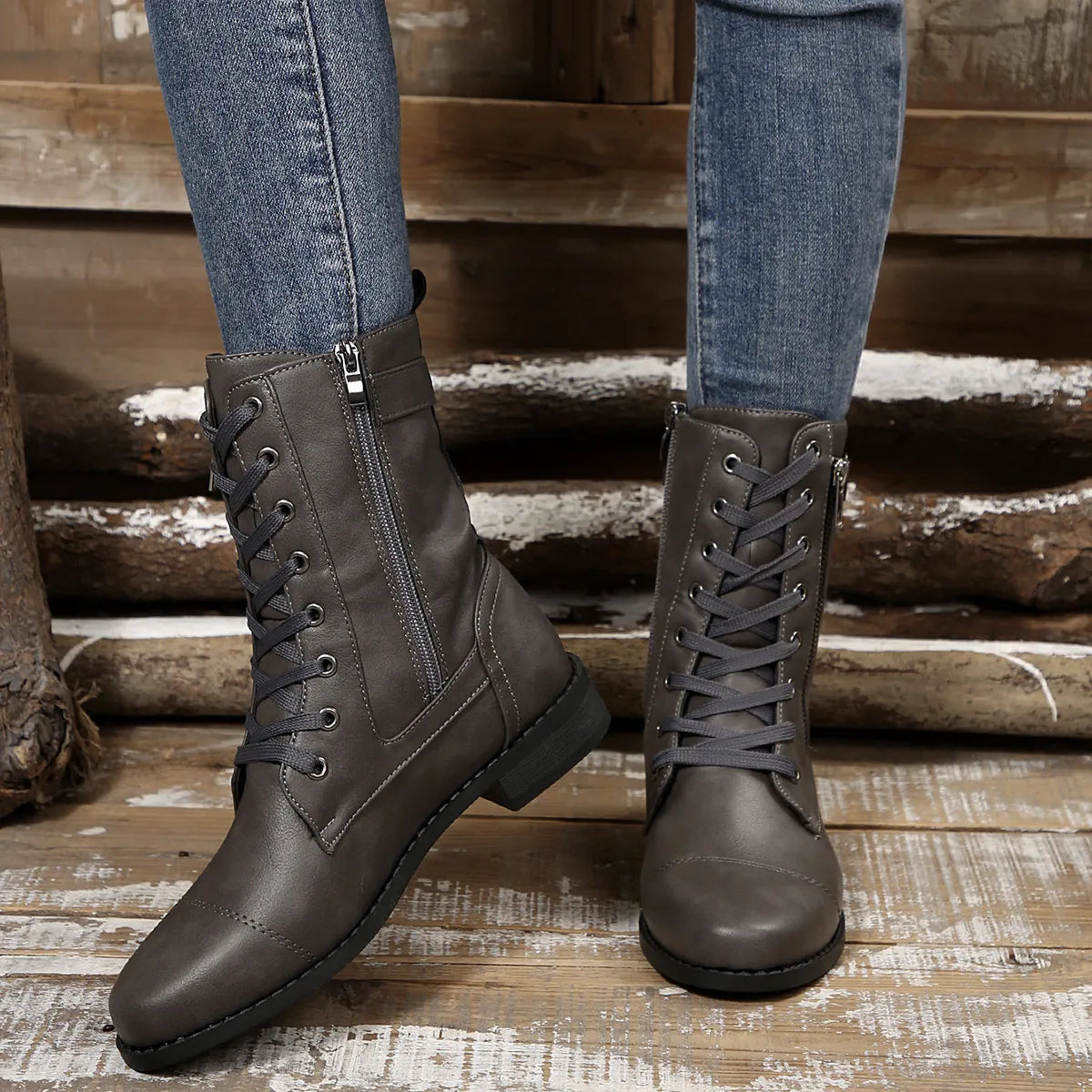 Round Toe Lace Up Block Heels Boots