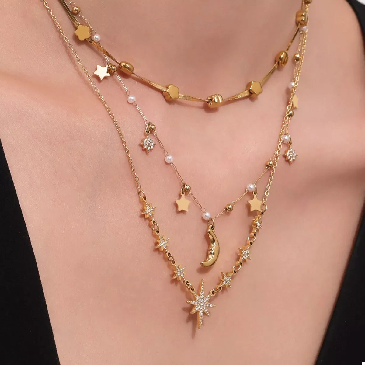 18K Gold-Plated Stainless Steel Zircon Star Moon Necklace