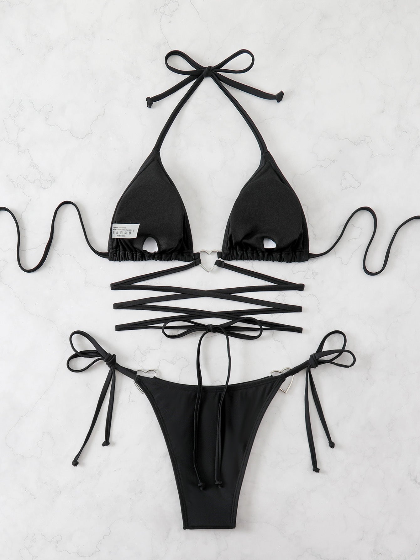 Women's Sexy Black Triangle Bikini Set With Lace-Up Top & Tie Side Bottom