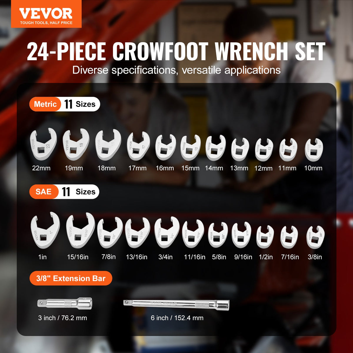 VEVOR Drive Crowfoot Wrench Set With 2 Extension Bars, 24-Piece Crows Foot Wrench Set, SAE  -1inch And Metric 10-22 Mm, CR-MO Steel Crowfoot Wrench Set, With EVA Tool Organizer