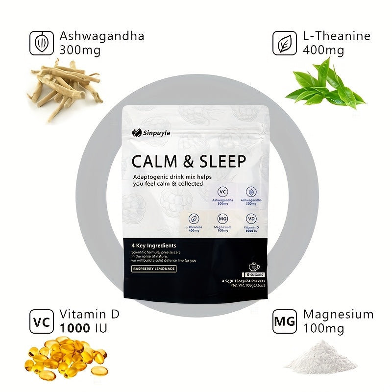 Calm & Sleep Adaptogenic Drink Mix - Raspberry Lemonade, 0 Sugars - L-Theanine, Ashwagandha & Magnesium For Relaxation & Rest, 24 Packets