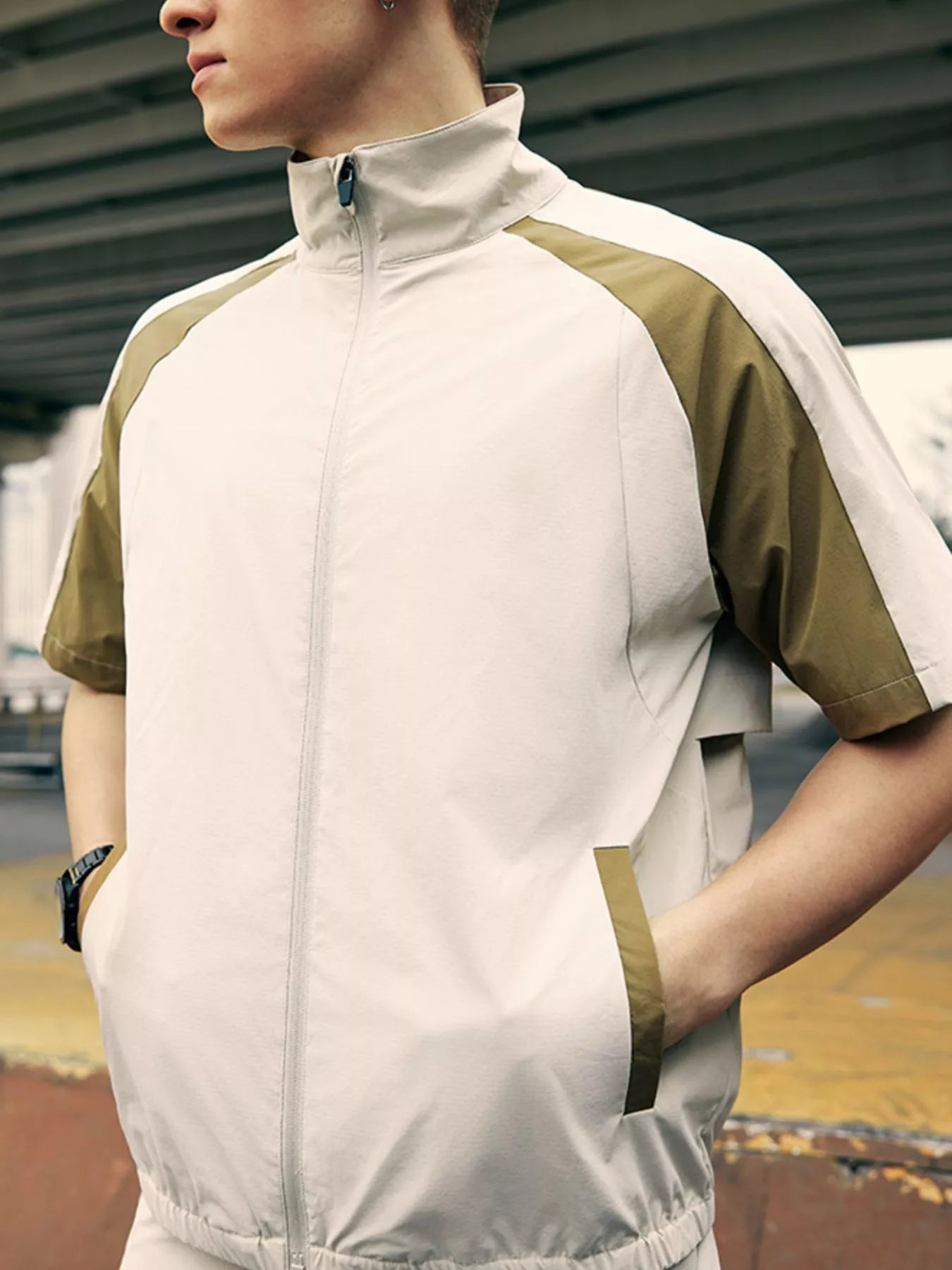 Men's Color Block Zip Up Short Sleeve Jacket