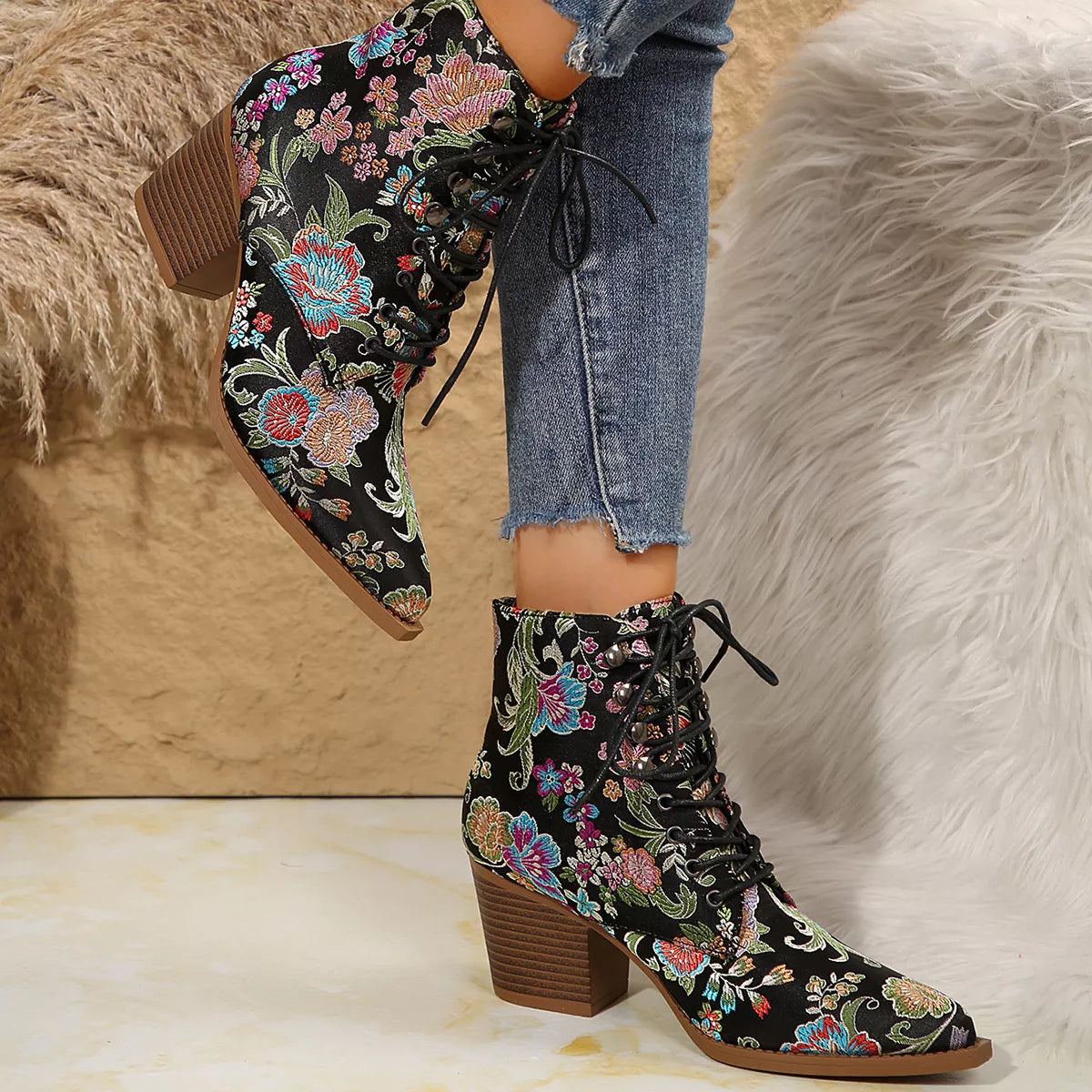 Point Toe Block Heels Boots