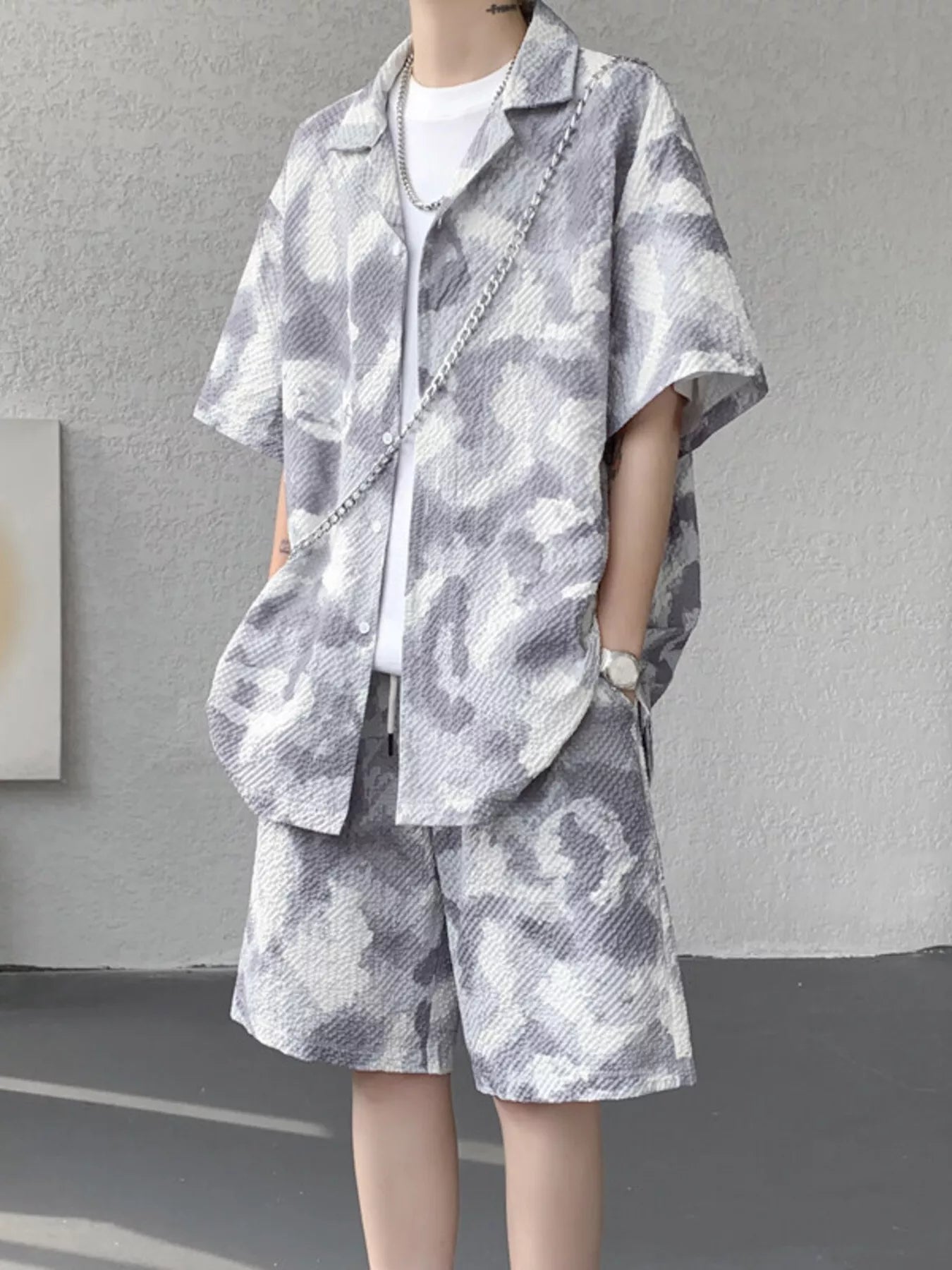 Men's Plus Size Casual Camouflage Print Shirt & Shorts Set