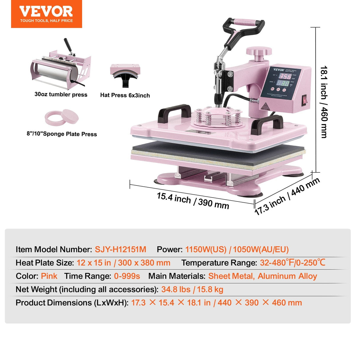 VEVOR Heat Press Machine 12x15 In 5 In 1 With 30oz Tumbler Press T-Shirts